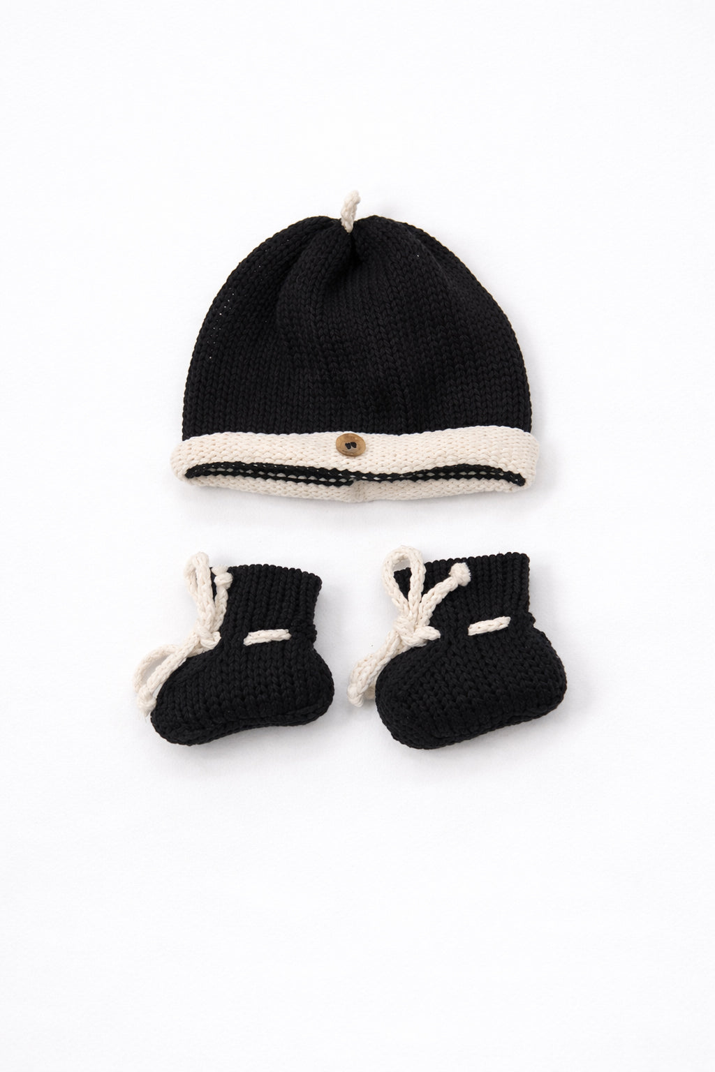 Black and cream cotton baby beanie and booties handmade knit set for infants