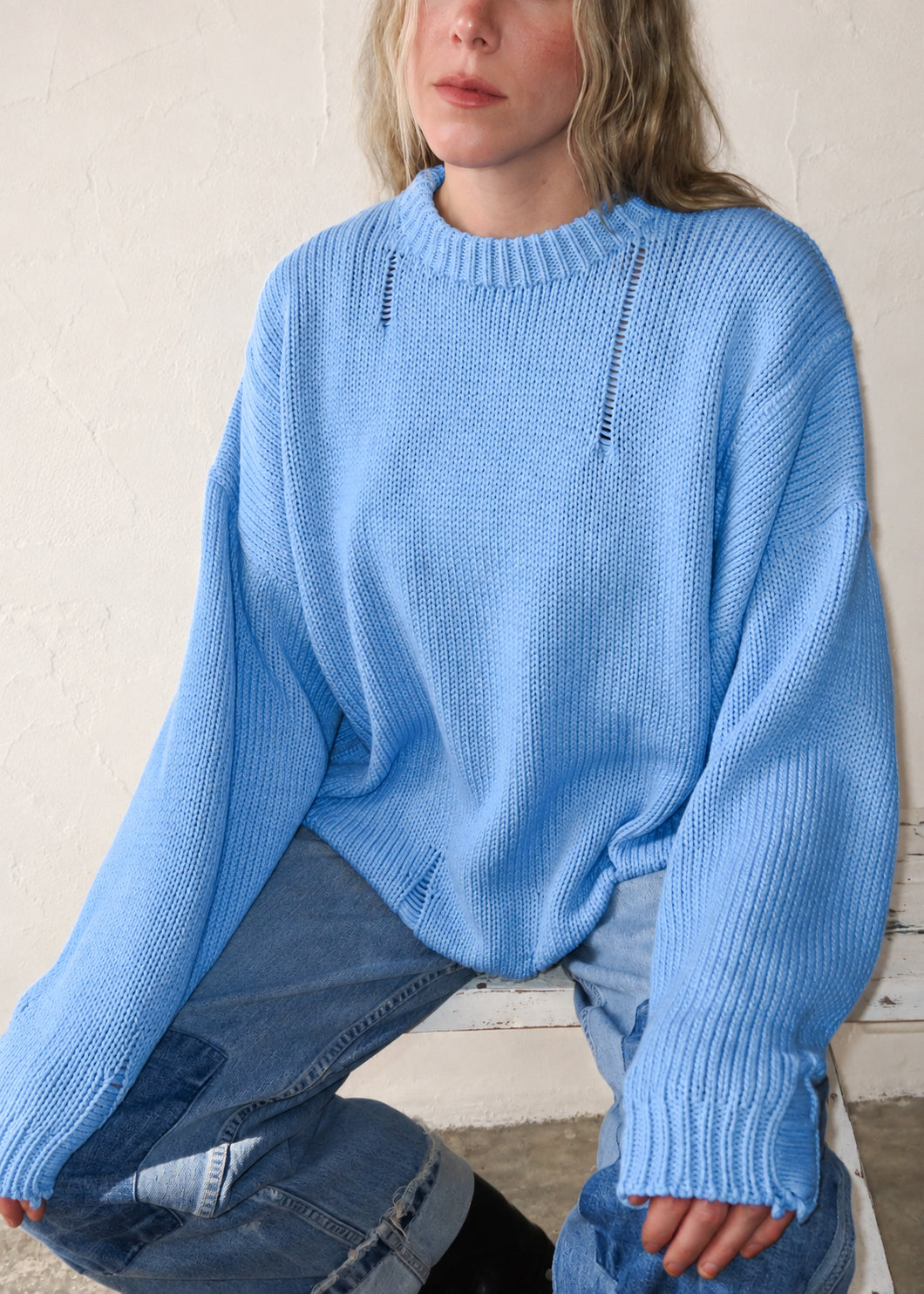 Oversized Knit Sweater in Cotton – Baby Blue