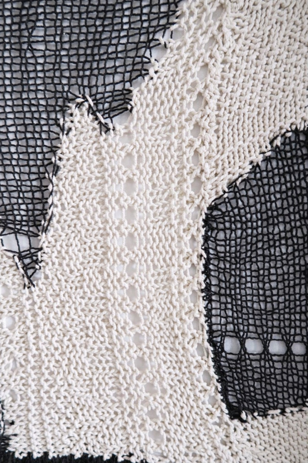 Macro detail of hand knit cotton yarn texture with open stitch pattern in modern abstract textile artwork