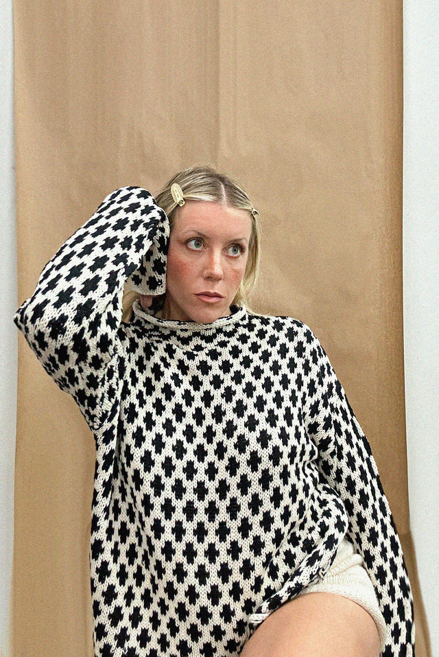 Nordic Tile Mock Neck Sweater - Black & Cream