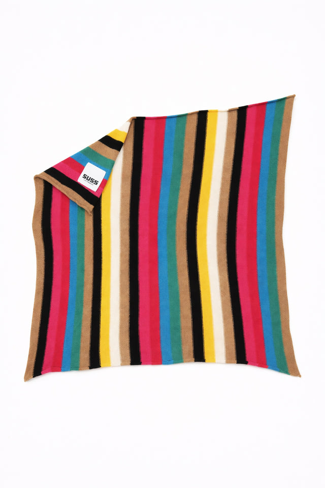 Suss Knits hand loomed, multi stripe knit bandana flat lay with Suss logo