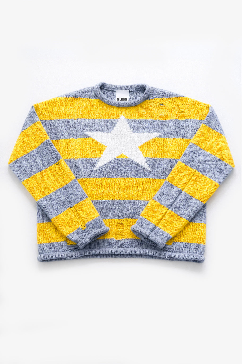 Striped Star Distressed Knit Sweater – Yellow & Grey