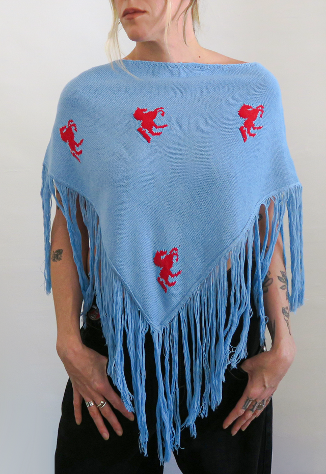Horse Motif Fringe Knit Poncho - Baby Blue