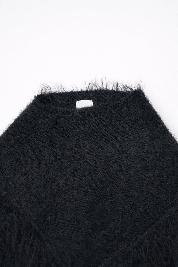 Black fuzzy knit poncho ribbed neckline detail cotton viscose