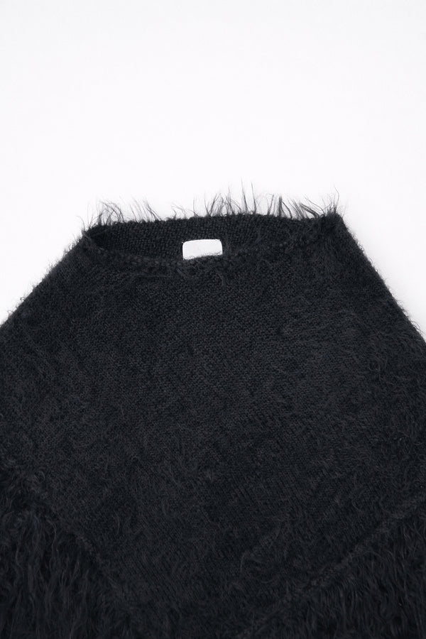 Black fuzzy knit poncho ribbed neckline detail cotton viscose