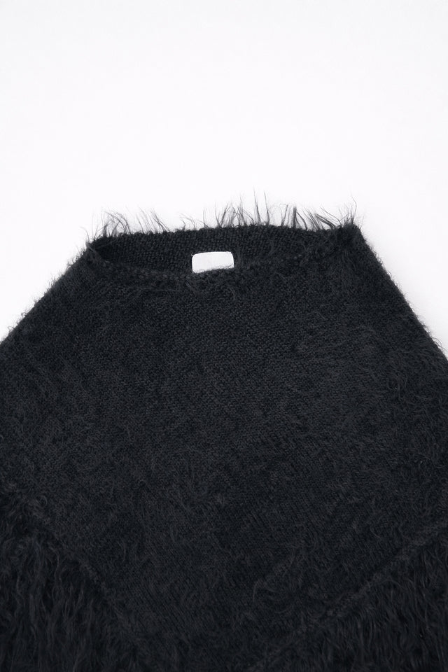 Black fuzzy knit poncho ribbed neckline detail cotton viscose