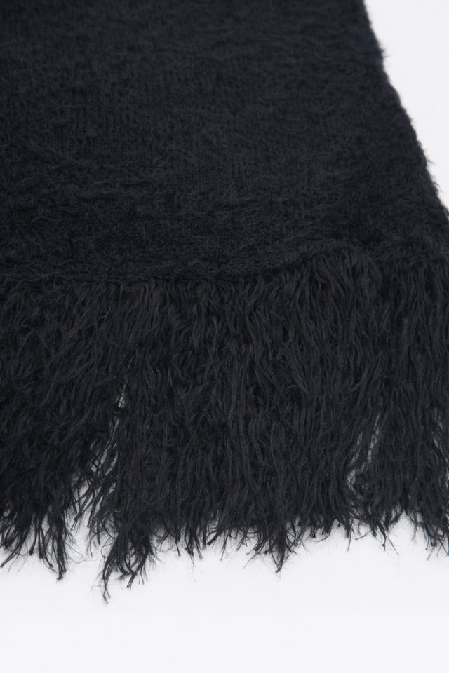 Black fuzzy cotton viscose knit poncho texture detail
