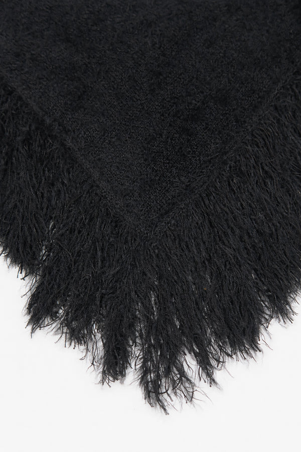 Black fuzzy knit poncho fringe detail cotton viscose texture