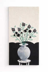 Suss Knits black rose textile wall art with hand loomed cotton knit panel, crocheted roses, and painted still life vase, 24x48 inches