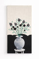 Suss Knits black rose textile wall art with hand loomed cotton knit panel, crocheted roses, and painted still life vase, 24x48 inches
