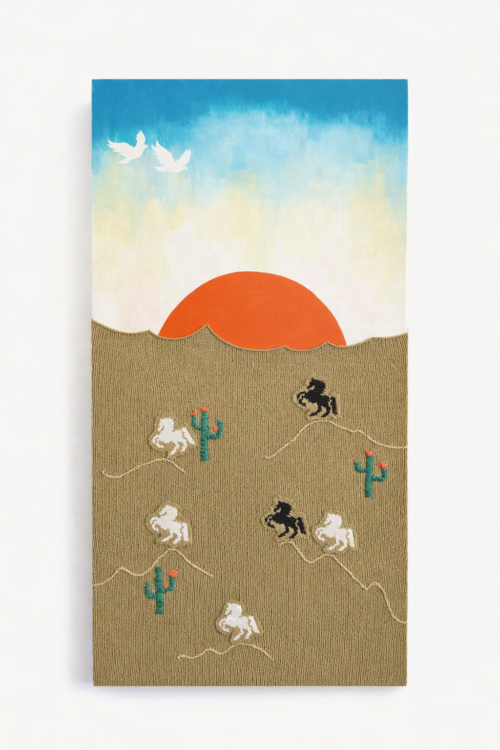 Suss Knits California desert textile wall art featuring hand loomed knit panel with embroidered horses and cacti, 24x48 inches