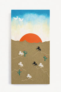 Suss Knits California desert textile wall art featuring hand loomed knit panel with embroidered horses and cacti, 24x48 inches