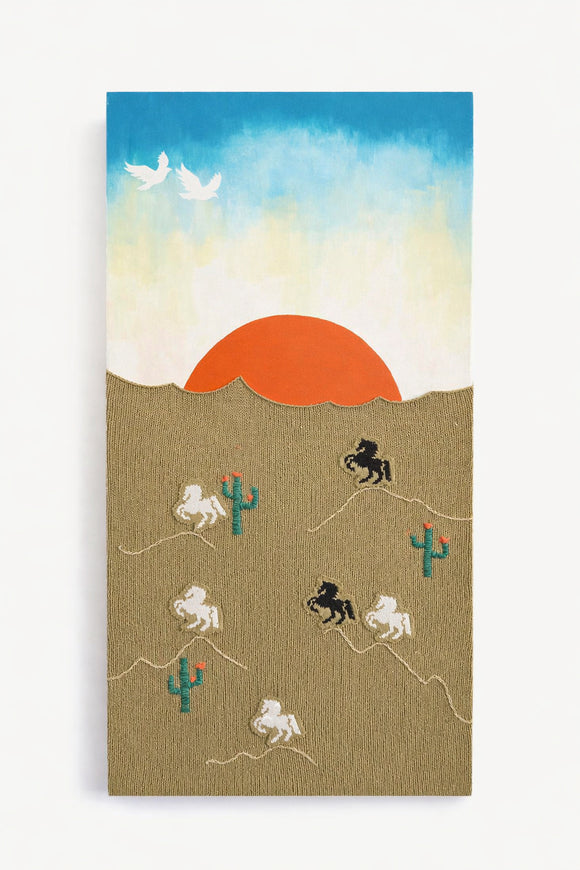 Suss Knits California desert textile wall art featuring hand loomed knit panel with embroidered horses and cacti, 24x48 inches