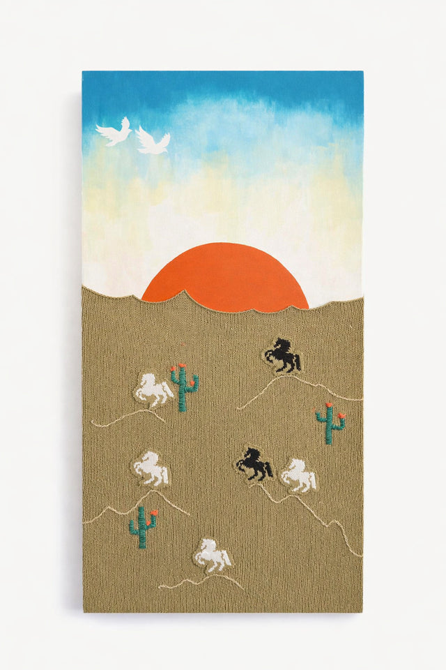 Suss Knits California desert textile wall art featuring hand loomed knit panel with embroidered horses and cacti, 24x48 inches