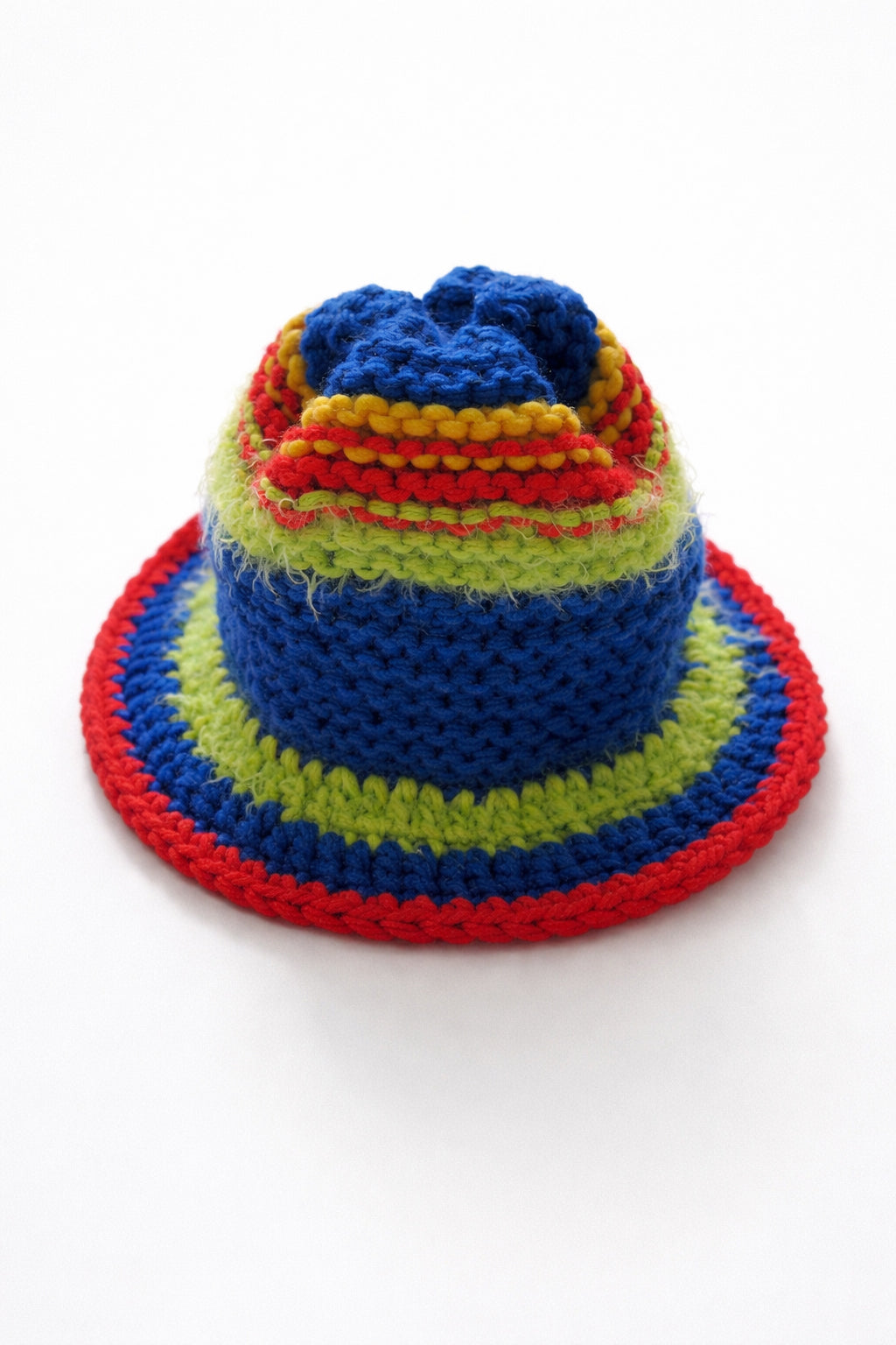Top view of hand knit multicolor bucket hat with structured crochet brim and chunky knit texture
