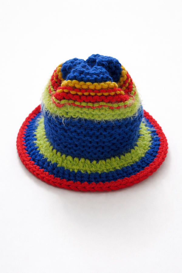 Top view of hand knit multicolor bucket hat with structured crochet brim and chunky knit texture