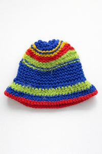 Hand knit multicolor bucket hat made from wool, cotton, and viscose yarns with stretch knit crown and crochet brim