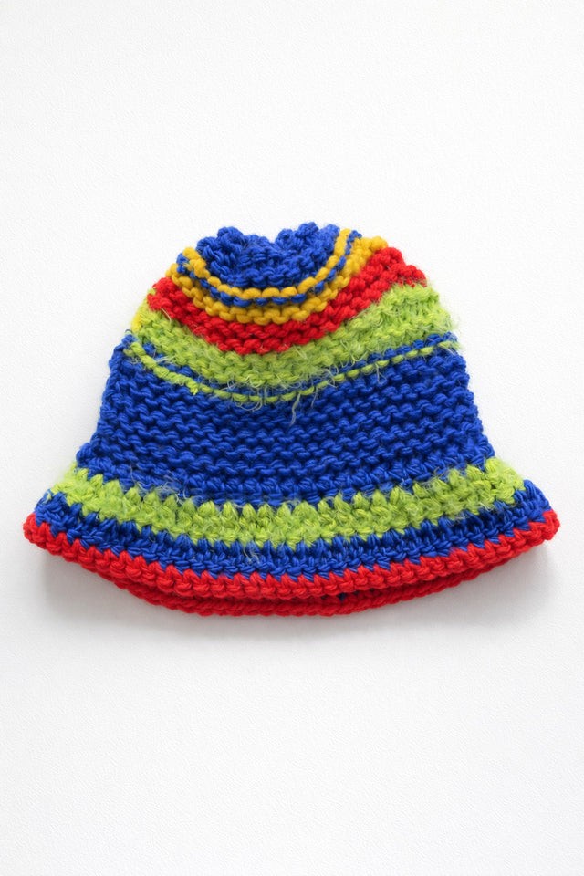 Hand knit multicolor bucket hat made from wool, cotton, and viscose yarns with stretch knit crown and crochet brim
