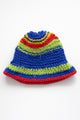 Hand knit multicolor bucket hat made from wool, cotton, and viscose yarns with stretch knit crown and crochet brim