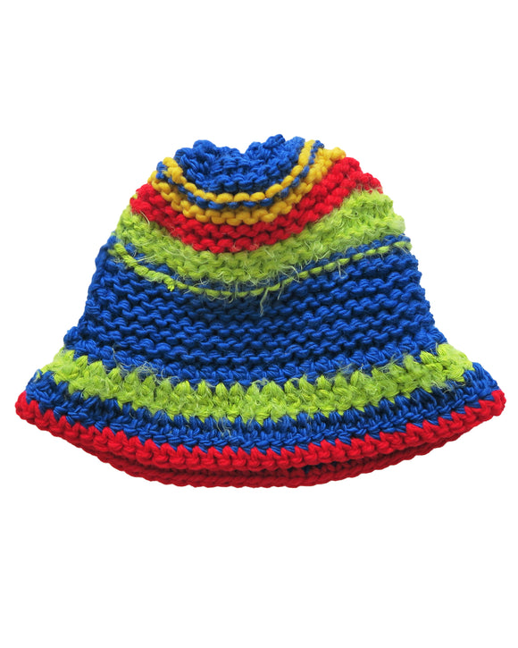 Blue hand knit and hand crocheted bucket hat