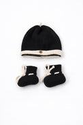 Black and cream cotton baby beanie and booties handmade knit set for infants