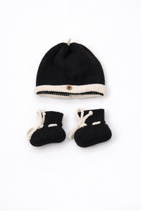 Black and cream cotton baby beanie and booties handmade knit set for infants