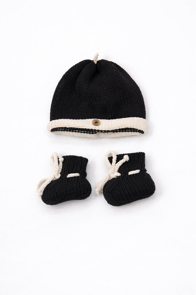Black and cream cotton baby beanie and booties handmade knit set for infants