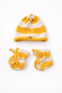 Yellow and cream cotton striped baby beanie and booties handmade knit set