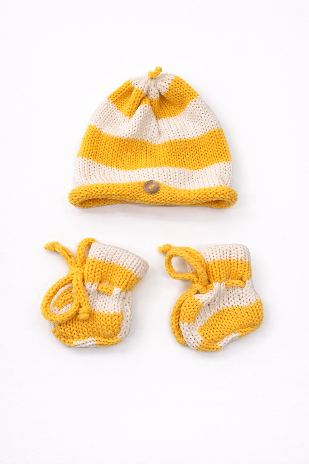 Yellow and cream cotton striped baby beanie and booties handmade knit set
