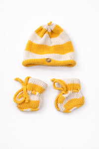 Yellow and cream cotton striped baby beanie and booties handmade knit set