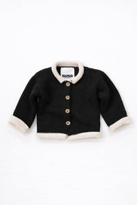 Black and cream cotton baby rollneck cardigan with wooden buttons front view