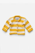 Yellow and cream cotton striped baby cardigan with wooden buttons front view