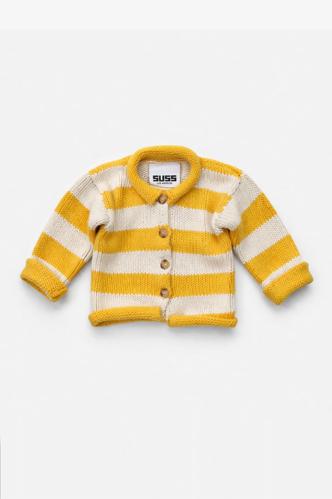Yellow and cream cotton striped baby cardigan with wooden buttons front view