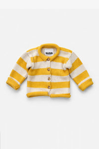 Yellow and cream cotton striped baby cardigan with wooden buttons front view