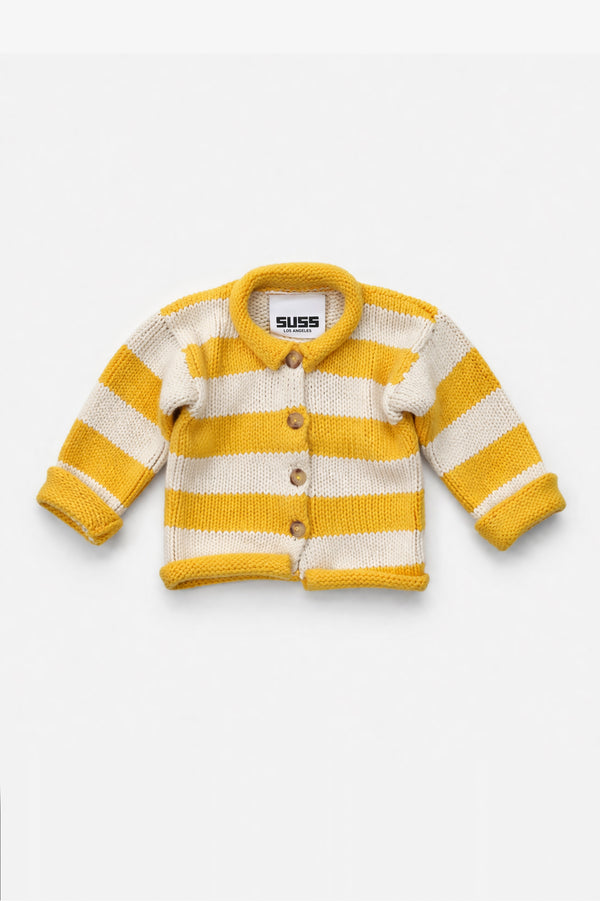 Yellow and cream cotton striped baby cardigan with wooden buttons front view