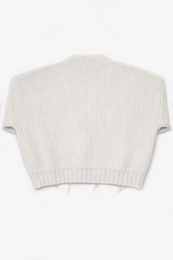 Suss Knits textured cardigan back view hand loomed in recycled cream cotton made in los angeles