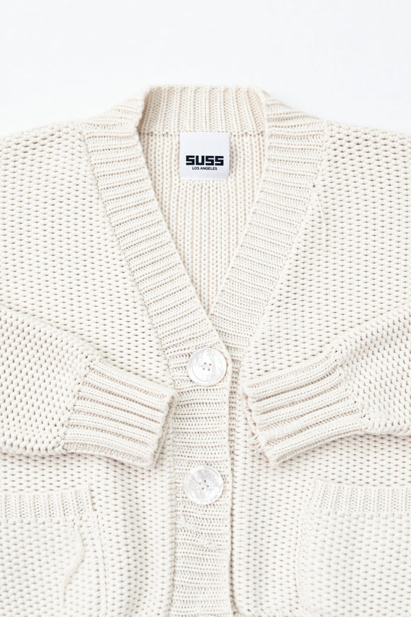 Suss Knits textured knit cardigan view of ribbed neckline in recycled cotton