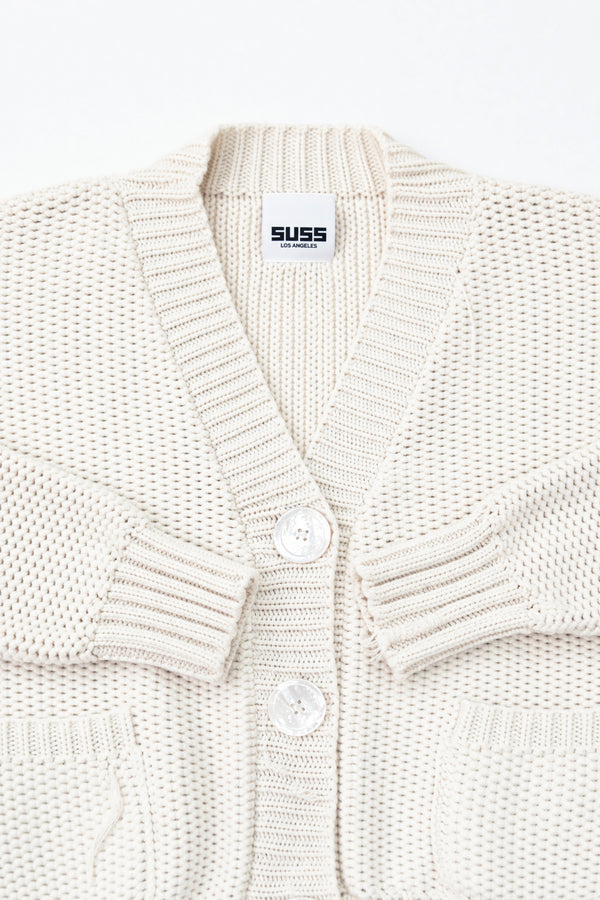 Suss Knits textured knit cardigan view of ribbed neckline in recycled cotton