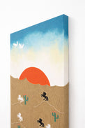 angled view of hand loomed textile wall art with desert sunset and embroidered horses