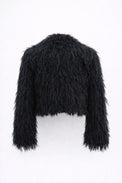 Back view of black cropped fringe jacket with hand loomed knit base and layered viscose fringe texture