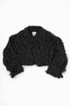 Black hand loomed cropped jacket with long viscose fringe in a textured knit construction