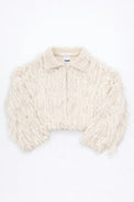 Cream hand loomed cropped cotton jacket with long viscose fringe knit in a textured knit construction