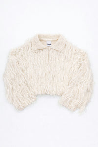 Cream hand loomed cropped cotton jacket with long viscose fringe knit in a textured knit construction