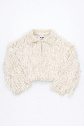 Cream hand loomed cropped cotton jacket with long viscose fringe knit in a textured knit construction