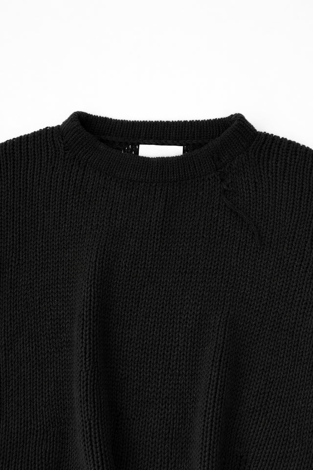 Ribbed neckline detail of black cotton cropped knit sweater