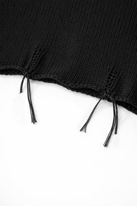 Raw frayed hem detail on black cotton knit cropped sweater