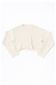 Cream cotton cropped knit sweater laid flat with soft texture and raw hem detail by Suss Knits