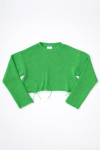 Front flatlay of a suss knits light weight recycled cotton wool blend that is cropped and breathable