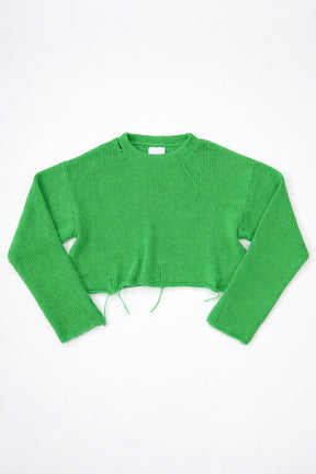 Front flatlay of a suss knits light weight recycled cotton wool blend that is cropped and breathable