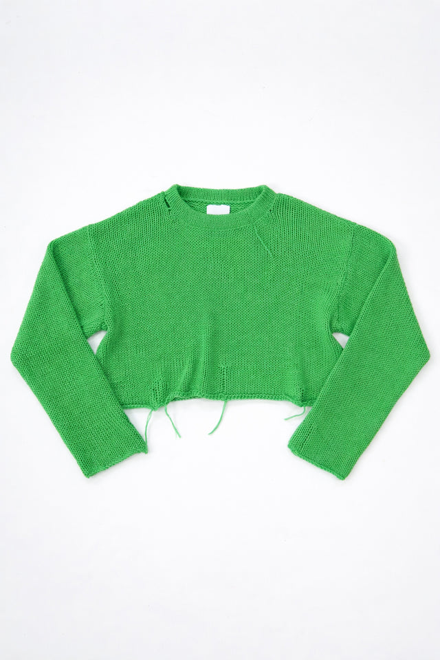 Front flatlay of a suss knits light weight recycled cotton wool blend that is cropped and breathable